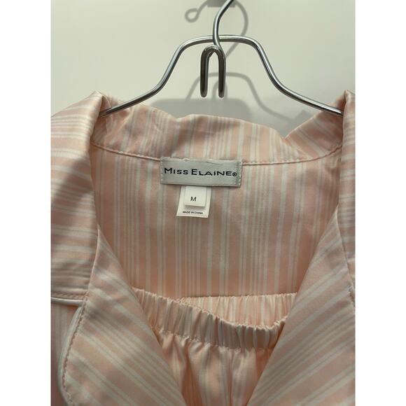 NWT Miss Elaine Pajamas Set Women’s Medium Peach Stripe Shirt Pants Satin 2 Pc - Picture 2 of 5